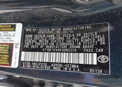 2015 Toyota Camry Le из США, поврежденный, VIN 4T1BF1FK8FU085379